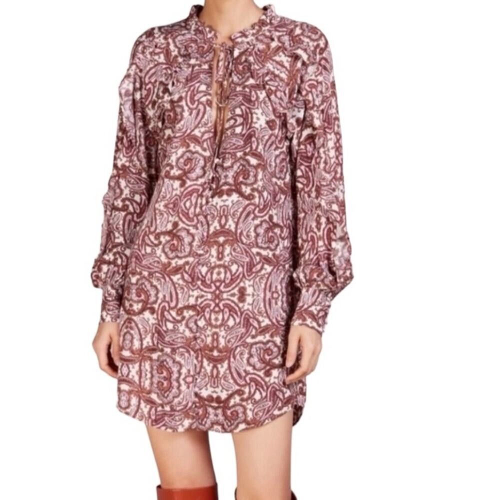 For Love and Lemons Romy Paisley Romantic Feminine Brown Pink Ruffle Dress Large